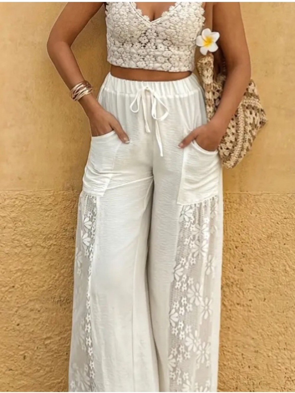 Women’s White Wide Leg Lace-Panel Palazzo Pants NIP - Picture 3 of 6